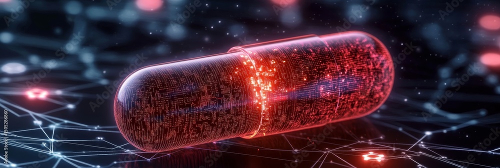 Poster futuristic capsule medication with circuitry over a dark abstract background of network data flow