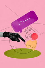 Sketch vertical photo collage of human hand point earth map navigator gps icon bubble communication...
