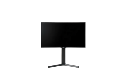 Modern sleek computer monitor on a minimalist stand with a black screen isolated on a white background for technology and workspace themes.