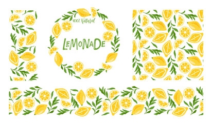 Lemonade print set. Fruit and leaves frame, background set. Round frame, seamless pattern, seamless borders. Vector illustrations. Hand drawn lettering, label with sliced and whole fruits with leaves.