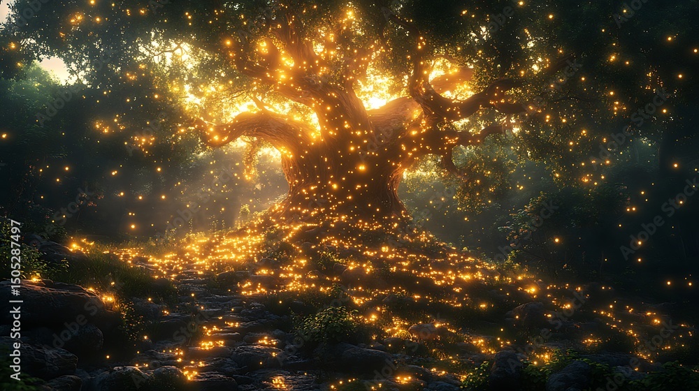 Aufkleber enchanting glowing tree illuminated in a mystical forest landscape in high resolution image