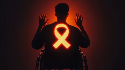 Person in Wheelchair Reaching for Glowing Symbol of Hope and Awareness in Darkness