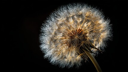 Close up dandelion seed head with water droplets on black background nature photography macro flower art