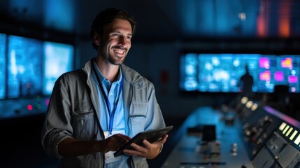 A smiling engineer holds a tablet in a high-tech control center, with large screens and equipment lighting up the room.