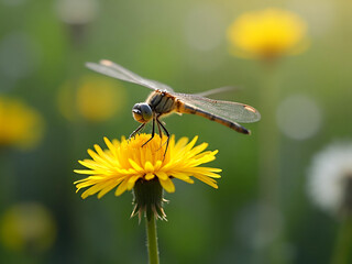 Summer Macro Detailed Dragonfly on a Yellow Dandelion Bloom Generative AI
