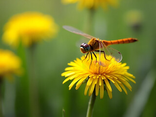 Nature's Jewel Vibrant Dragonfly on a Golden Dandelion Flower Generative AI