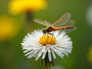 Dragonfly's Rest Delicate Insect Perched on a Bright Dandelion Generative AI