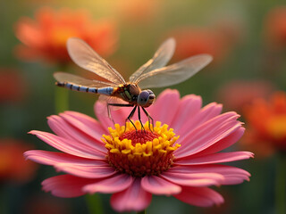 Iridescent Insect Dragonfly's Colors on a Pink Flower Generative AI