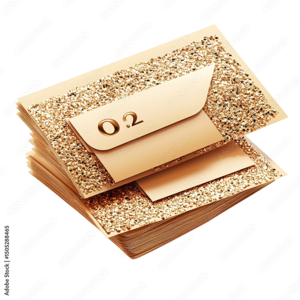 Aufkleber Stack of golden envelopes invitations shimmering with glitter and on transparent background