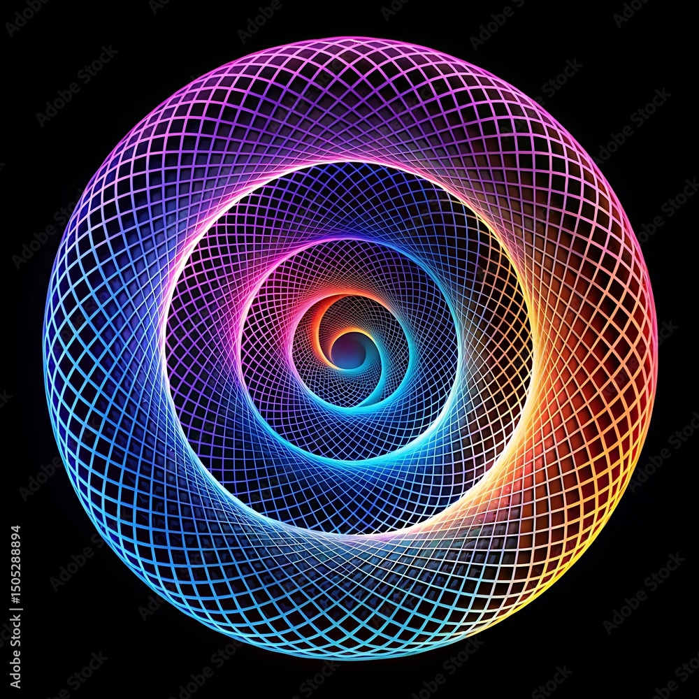Poster abstract spiral design with colorful geometric pattern creating a mesmerizing visual effect on a bla