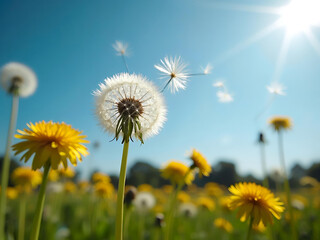 A Wish Granted Dandelion Seeds Floating Upwards Towards the Sun Generative AI