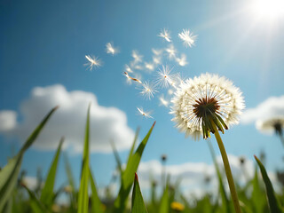 Against the Sky Dandelion Seeds Taking Flight in Sunlight Generative AI