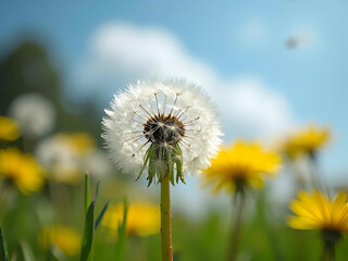 Nature's Whisper Dandelion Puff and Floating Seeds in Sunlight Generative AI