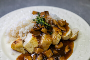 Sliced chicken breast with mushroom sauce and rice on white plate