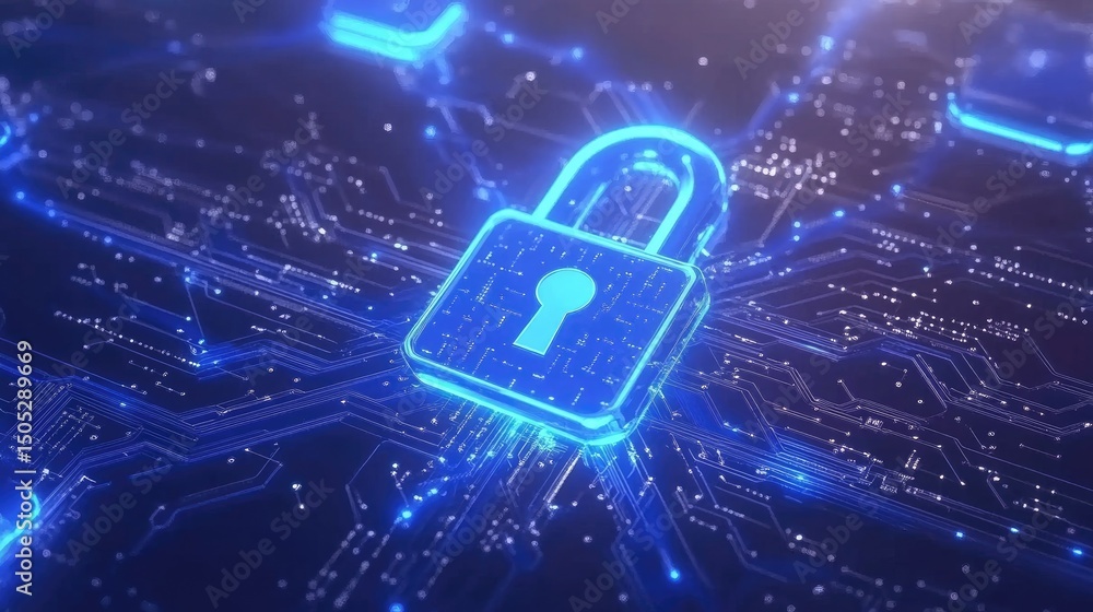 Poster secure digital network with a glowing padlock icon.