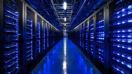 Modern Data Center with Blue Lighting and Server Racks Inside