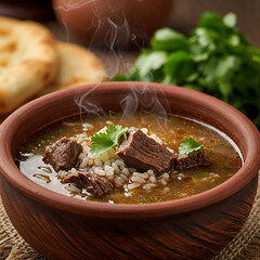Clay bowl of Georgian Kharcho soup with Meat and Tkemali sauce, rice and herbs, served on rustic wooden table. Kharcho is a traditional and popular Georgian soup with rich, spicy and aromatic taste.