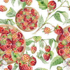 Raspberry mulberry loganberry berries leaves served on ceramic dish, hand drawn in watercolor, ripe picked harvest. Isolated seamless pattern. Farmers market grocery, home preserves, food packaging