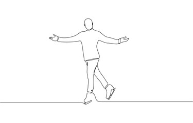 Male figure skater gliding elegantly on ice in minimalist style, continuous line drawing, Hand drawing one single continuous line of man ice skating isolated on white background.