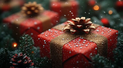Festive christmas presents with sparkling decorations and falling snow high resolution image