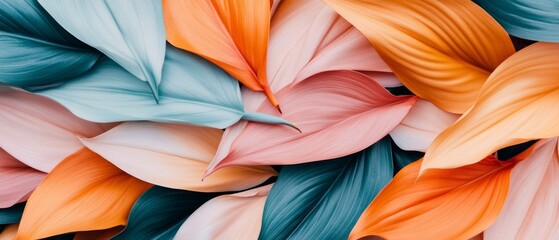 Colorful tropical leaves create a stunning backdrop with a blend of vibrant hues and smooth textures, perfect for artistic and commercial use in various projects