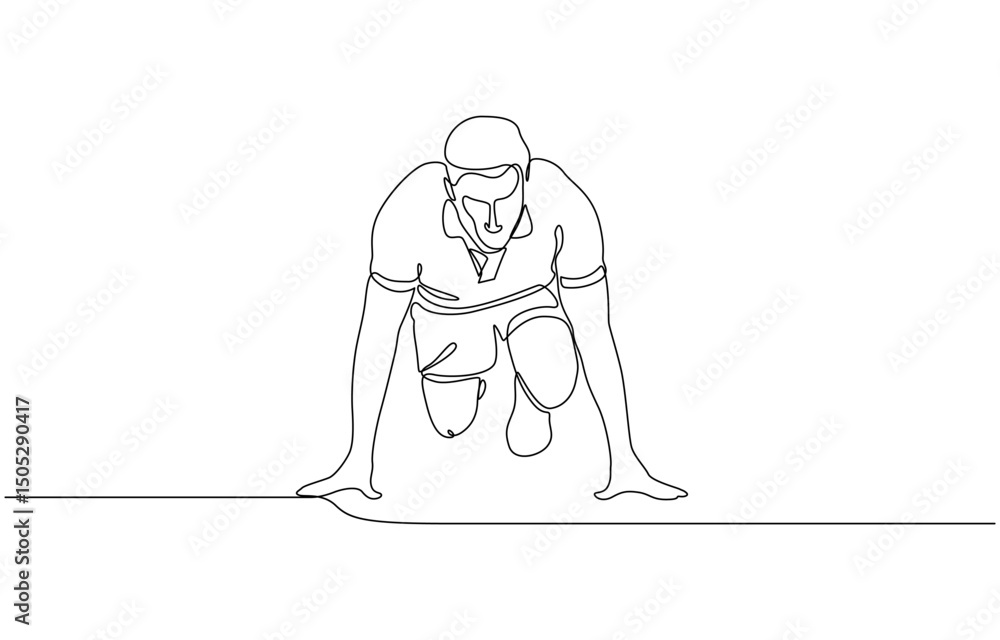 Poster single continuous line drawing runner using starting block to start his run on running, running star