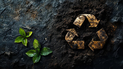 Recycling symbol in soil with green leaves on earthy background.