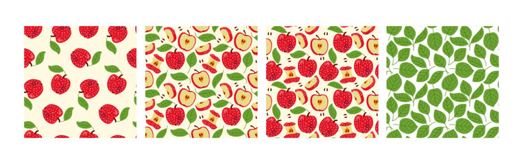 Seamless Apples Pattern set. Set of four. Red chopped and whole fruits with green leaves. Summer apple orchard. Hand drawn vector illustrations. Repeated templates for textile, wrapping, wallpaper