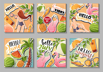 A bright collection of 6 summer posts with sticker-style graphics and Hello Summer, June, July, August captions. Ideal for stories, calendars, and promos.
