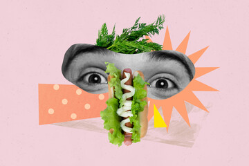 Composite creative full 3d art collage of astonished girl male eyes hot dog fast food cafe order...