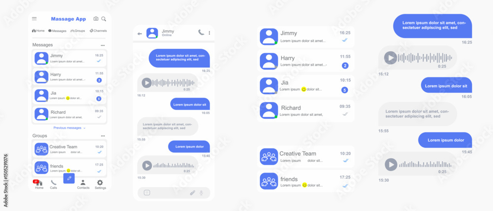 Wall mural messaging app ui light theme vector, chat application interface screens design