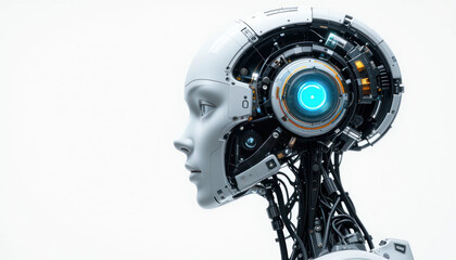 Futuristic Robot Head with Blue Light and Intricate Circuit Design in Profile View on White Background