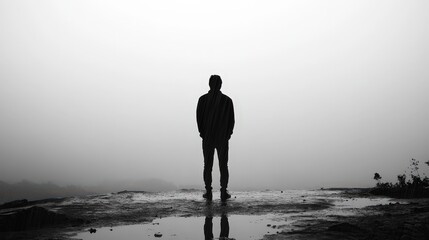 Silhouette of Man Standing in the Rain Looking out Into the Distance