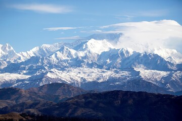 Panoramic view of the Himalayan mountains spanning across Nepal and India.