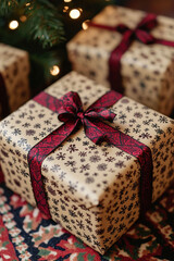 Beautifully wrapped Christmas gifts with intricate patterns and rich red ribbon, placed under festive tree, evoke warm holiday spirit