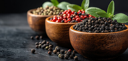Bowls filled with various spices, including black, red, and green peppercorns, garnished with fresh herbs, creating vibrant and inviting culinary scene