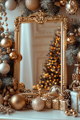 Beautiful and festive scene featuring vintage ornate mirror surrounded by golden ornaments, sparkling decorations, and Christmas tree in background, evoking warm holiday spirit