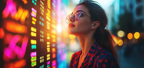 Confident businesswoman gazes thoughtfully at vibrant stock market display, illuminated by colorful lights. scene captures her determination and focus in bustling urban environment