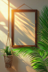 Beautiful interior scene featuring wooden frame hanging on wall, illuminated by warm sunlight. shadows create serene atmosphere, complemented by hanging plant and lush greenery