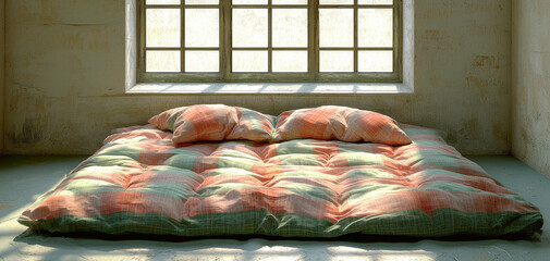 Cozy and inviting bed with colorful cushions is positioned near large window, allowing natural light to fill room. soft textures and warm colors create relaxing atmosphere