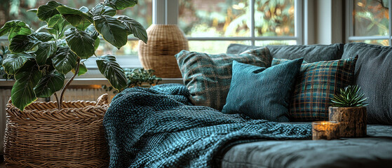 Cozy living room scene featuring comfortable sofa adorned with decorative pillows and soft throw blanket. large indoor plant adds touch of nature, while warm lighting creates welcoming atmosphere