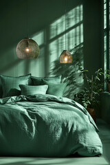 Bedroom featuring cozy bed adorned with green bedding, complemented by stylish pendant lights and lush plants, creating tranquil atmosphere