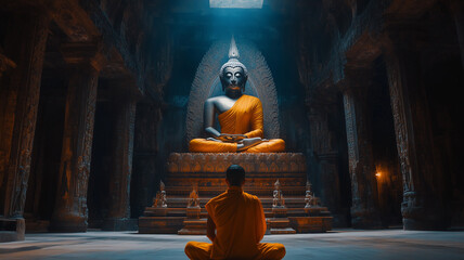 A serene moment as a Buddhist monk in orange robes bows in front of a towering Buddha statue, soft glow from lanterns lighting the ancient temple interior