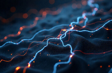 Abstract electric wire mesh on dark carbon fiber base

