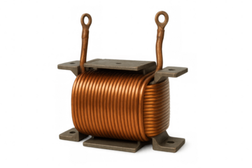 Copper coil inductor generating a magnetic field, isolated on transparent background, ideal for physics and electronics projects