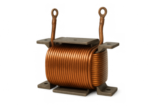 Copper coil inductor generating a magnetic field, isolated on transparent background, ideal for physics and electronics projects