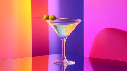 Martini cocktail with olives on vibrant background