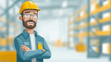 Happy warehouse worker cartoon character with safety gear &ndash; vector illustration for logistics industry