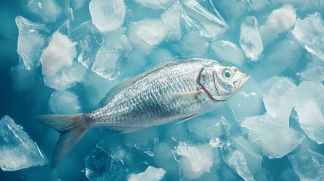 Fresh silver fish on ice cubes background