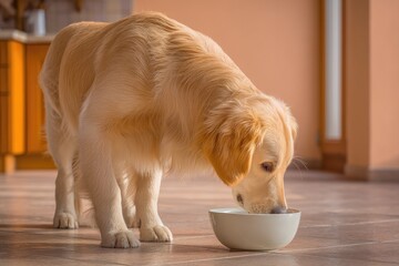 Golden Retriever Peacefully Enjoying a Meal From a Bowl in a Bright Indoor Setting During the Day